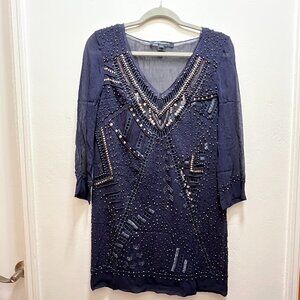 French Connection Evissa Navy Blue Beaded Metallic Sheer Sleeve Shift Mini Dress
